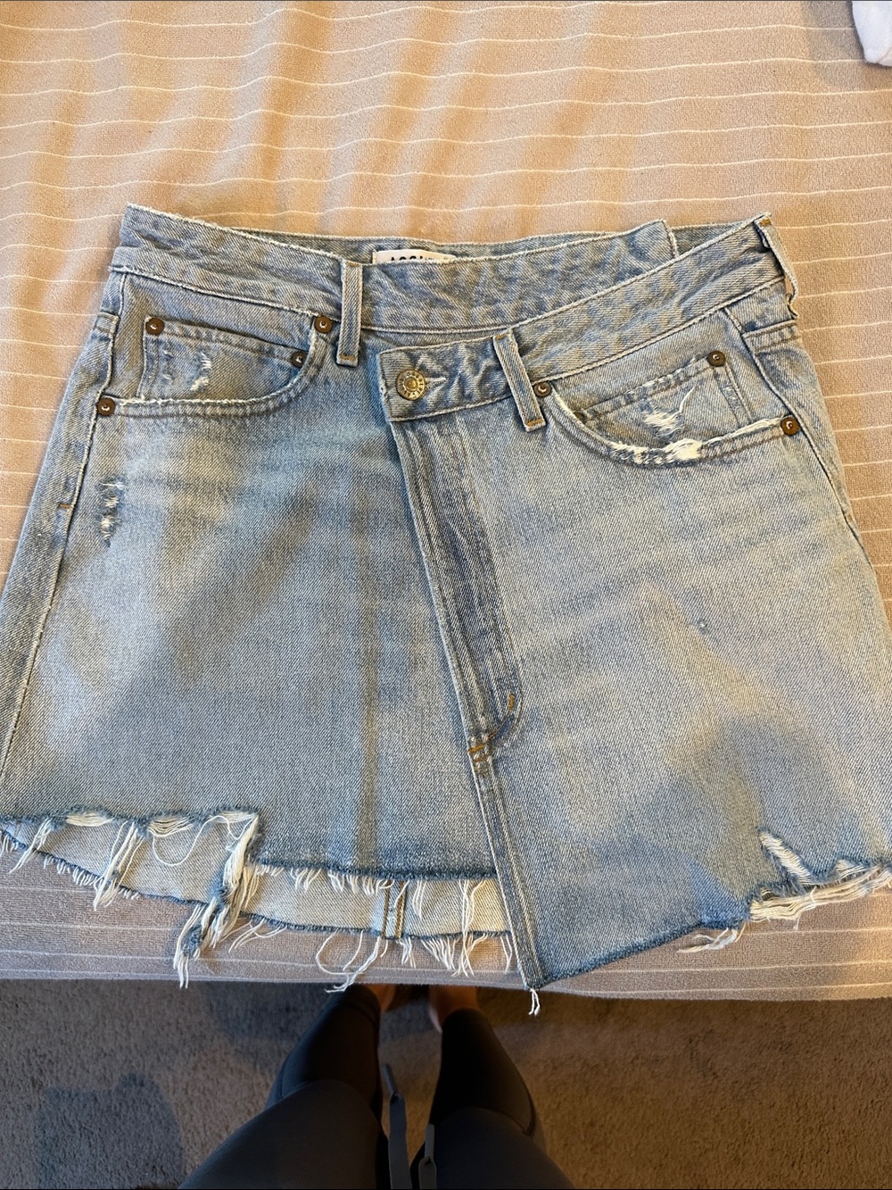 Agolde Light Blue Distressed Denim Wrap Mini Skirt